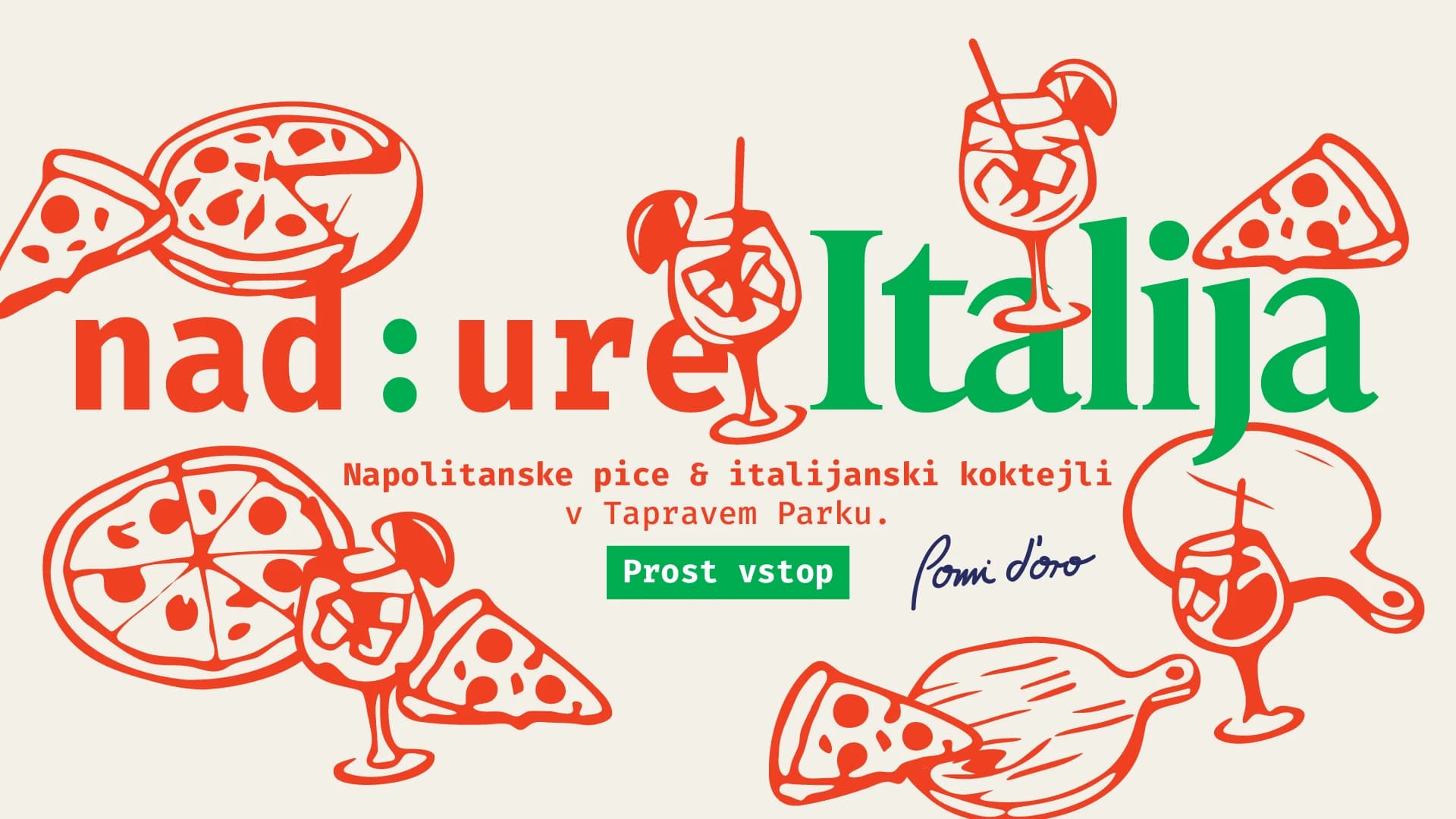 Promocijski banner za dogodek Nad:ure Italija v Tapravem Parku, z ilustracijami pice in koktejlov